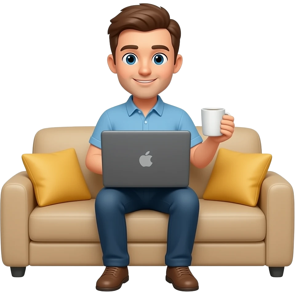 working from home in the sofa mAle computer and cup of coffoe emoji