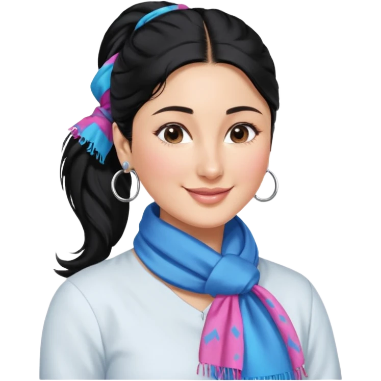 generate a pretty bratz emoji that looks like Kareena Kapoor's Geet character. 
Make her wear a white shirt with a colorful blue-pink scarf wrapped around her neck. smiling big. Black hair tied into a side part ponytail, silver hoops and no necklace

She should look exactly  like Kareena Kapoor emoji