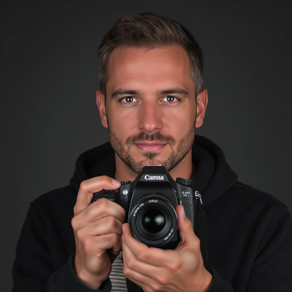 realistic portrait of a photographer posing with camera, studio quality, close up emoji