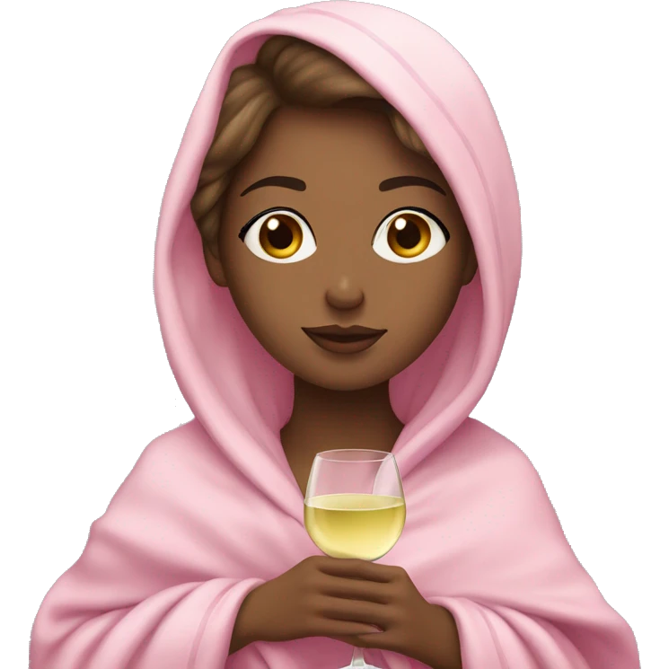 a girl with light skin and brunette hair and a glass of white wine wrapped in a pink blanket emoji