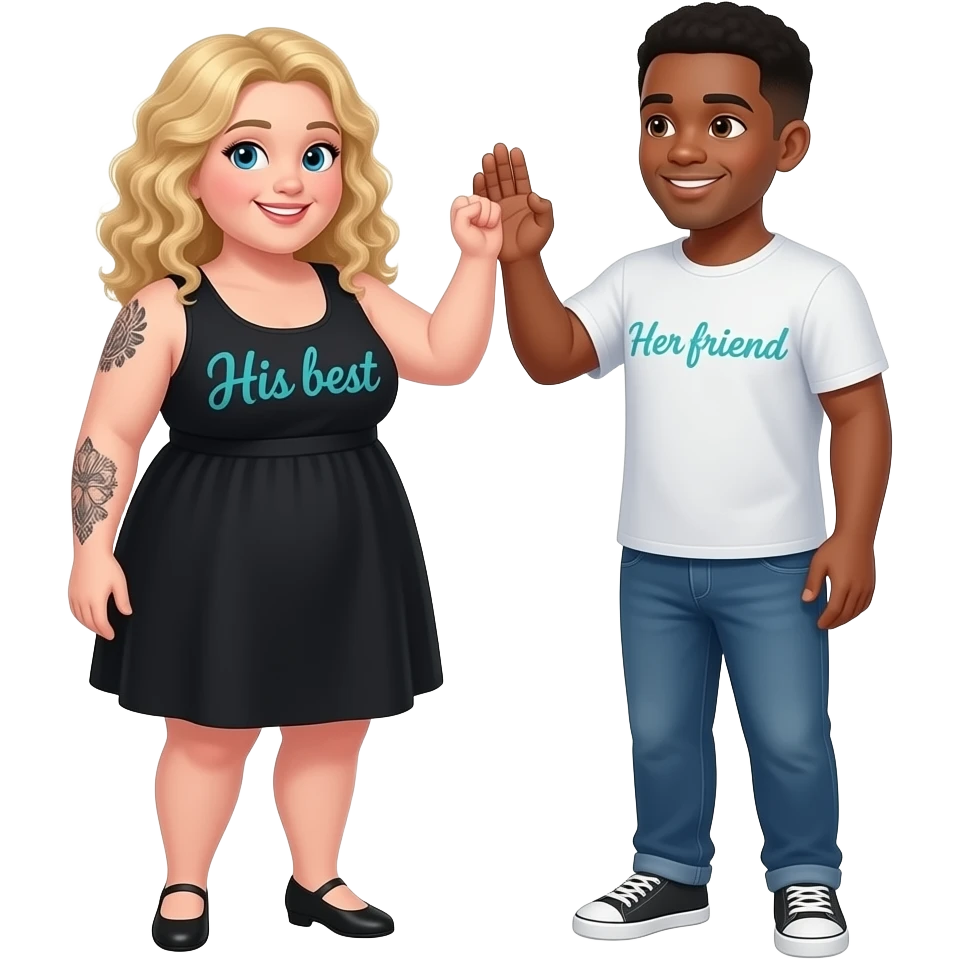 Plus size girl, Blonde curly hair, blue eyes, black tattoos on right lower arm, wearing no sleeve black summer dress saying “His best” written in teal cursive writing & African American man with black hair, brown eyes, NO facial hair, saying “Her friend“  on his shirt giving each other a high five emoji