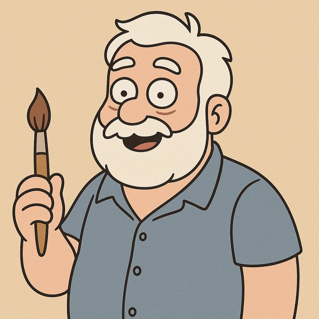 man with a round face, white hair and beard, blue collared shirt, holding a paint brush, cartoon style emoji