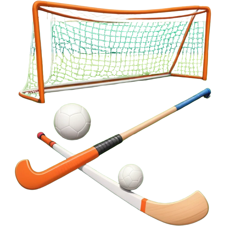 Hockey on grass. A field hockey stick and ball resting on a well-maintained grass field, with the goalposts and markings visible in the background. The scene highlights the precision and focus of the sport, with the vibrant green pitch creating a dynamic atmosphere. emoji