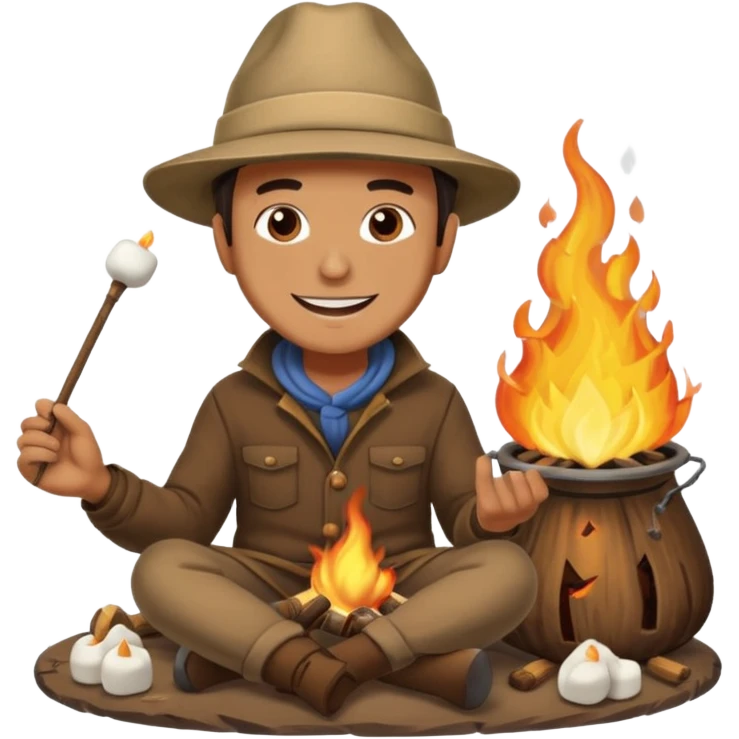 A man roasting marshmallows over the campfire with a warm grin. emoji
