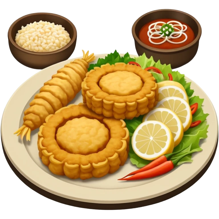 Plato redondo con filete de cerdo empanizado estilo tempura, dorado y crujiente, cortado en piezas grandes, acompañado de arroz blanco y ensalada fresca con vegetales emoji