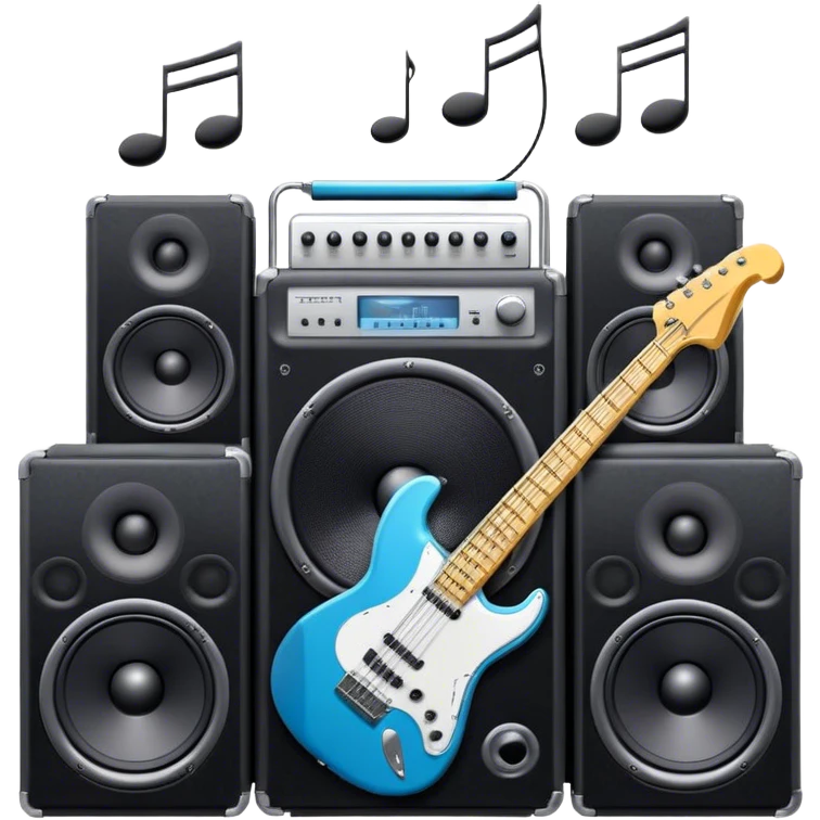 Icon for R&B Music Listening: large concert speakers and headphones with waves of musical notes coming out, along with an electric guitar, bass guitar, drum kit, and synthesizer, saxophone. The icon should convey the energetic and rhythmic vibe of R&B music. Transparent background. emoji