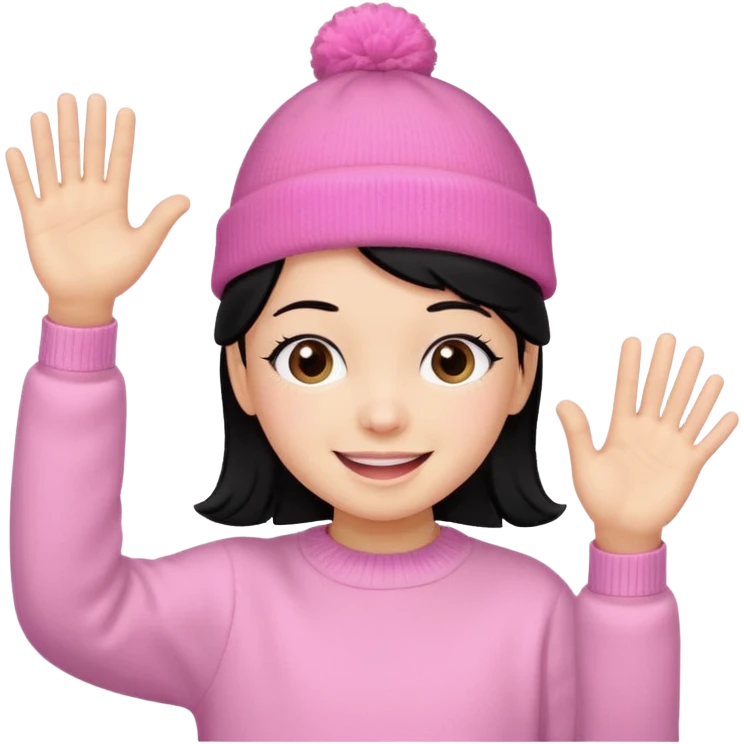Kid in pink hat and jumper waving, blakc hair emoji
