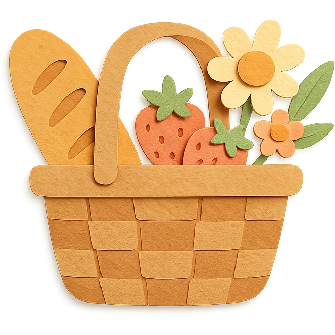 picnic basket with berries, bread, and flowers in warm pastel shades, paper-craft style emoji