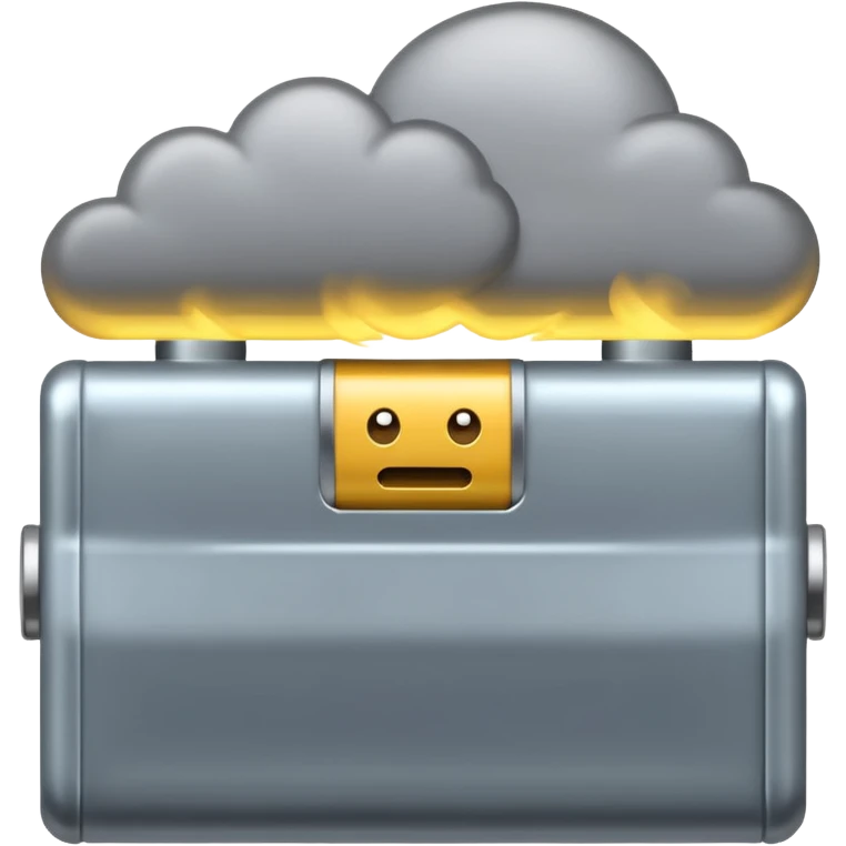  battery with no energy and a gray cloud abouve the head emoji