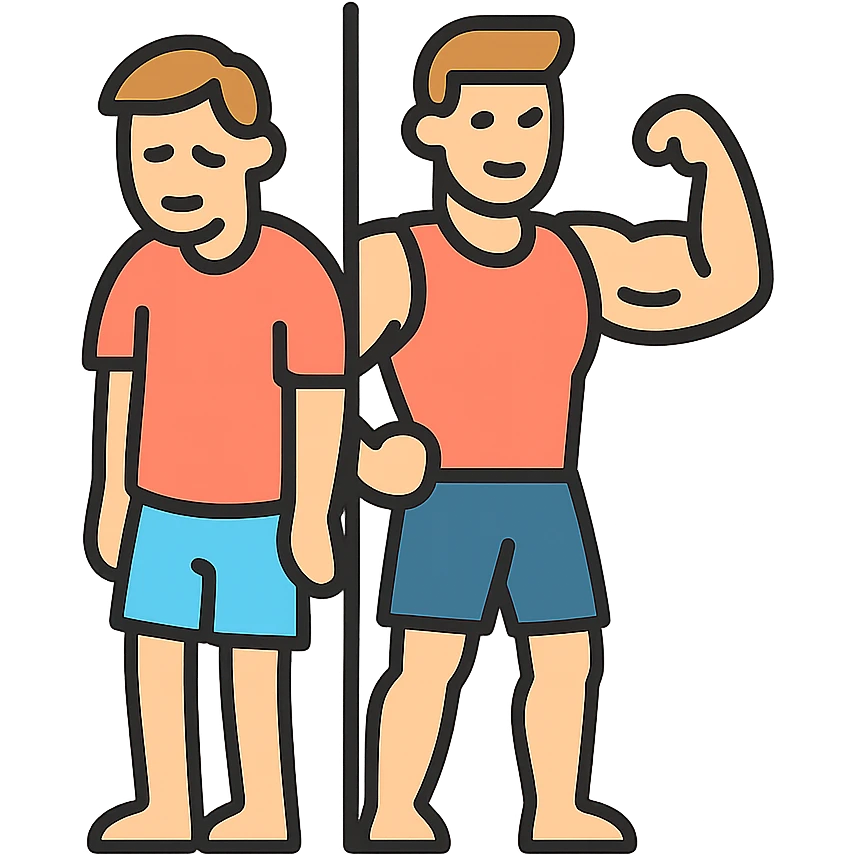 in the picture is devided in to two parts, at the first the sportsman is weak and lazy, but at the second picture the same sportsman is very strong because he doing a workout regularly emoji