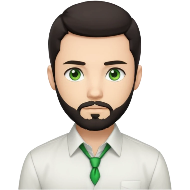 Man with a short full beard, Styled hair, Best looking man in the planet, onepiece style dark hair, green eyes, more anime style more maskulin. Wearing a white formal shirt, first buttons open emoji