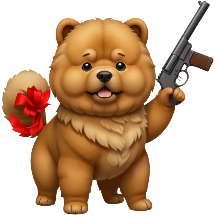 Funny realistic-style chow chow dog with light fur standing on its hind legs and holding a gun menacingly emoji