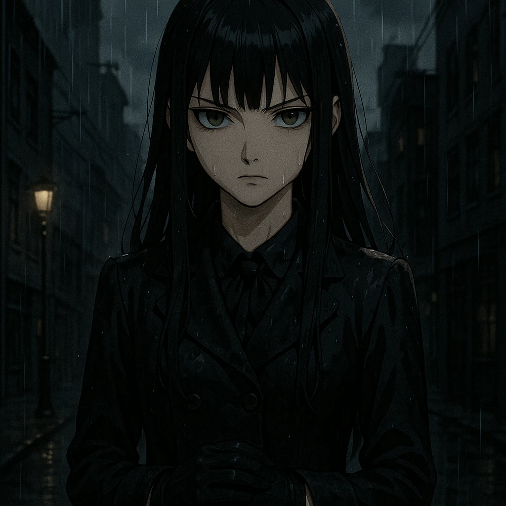 ultra-detailed anime girl with long straight black hair, sharp bangs, pale skin, amber green eyes, cold intense gaze, standing in the rain, cinematic lighting, wet dark school uniform, gloves, noir urban background, moody anime style, gothic shoujo, dramatic shadows emoji
