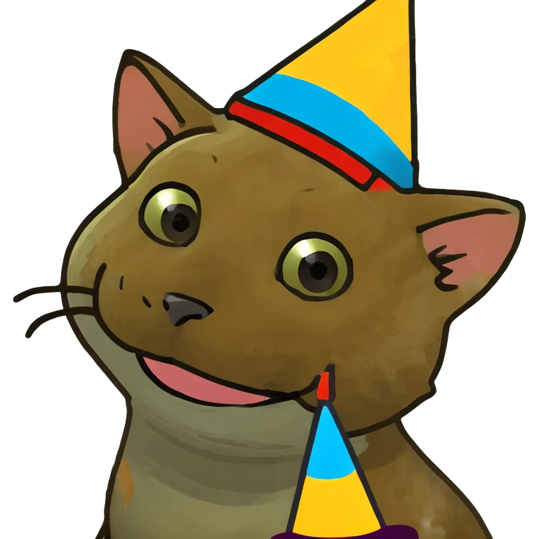 ginger tabby kitten at a birthday party, smiling, with cake, balloons, and wrapped gifts emoji