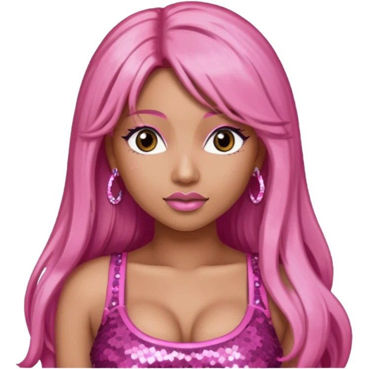 Nicki Minaj with long pink hair, pink sequin crop top, dark brown eye emoji