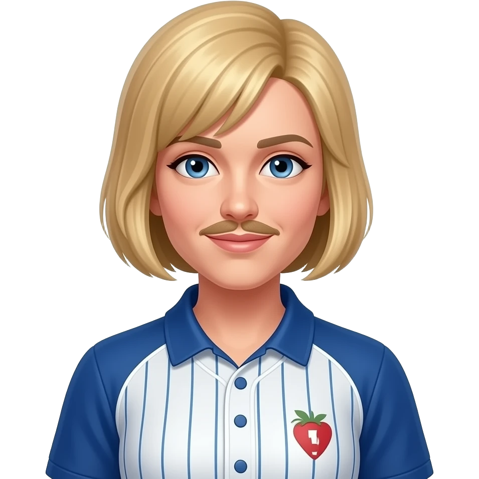 Coach Heider from Fictional Characters with dark blue eyes, strawberry blonde short bang hair and thin mustache, blue and white metallic baseball polo shirt emoji