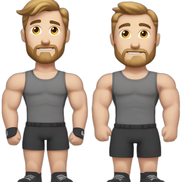Full height Actively gesturing with hands Pale skinned Fit Man With the biceps and brown hair with Bristle in dark gray Sleeveless Mike, black oversize sports shorts and white Sneakers emoji