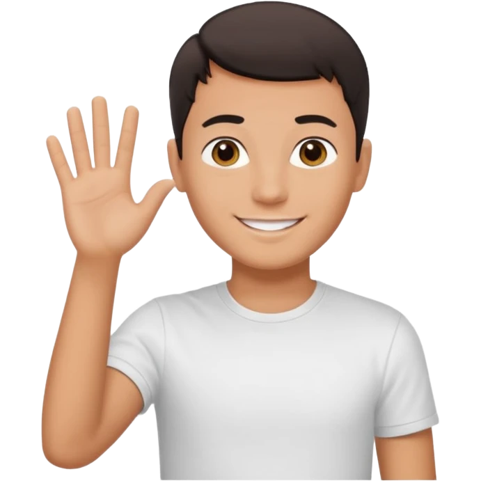 joven bronceado pelo oscuro muy cortito polera blanca sonrisa bonita saludando mano arriba emoji