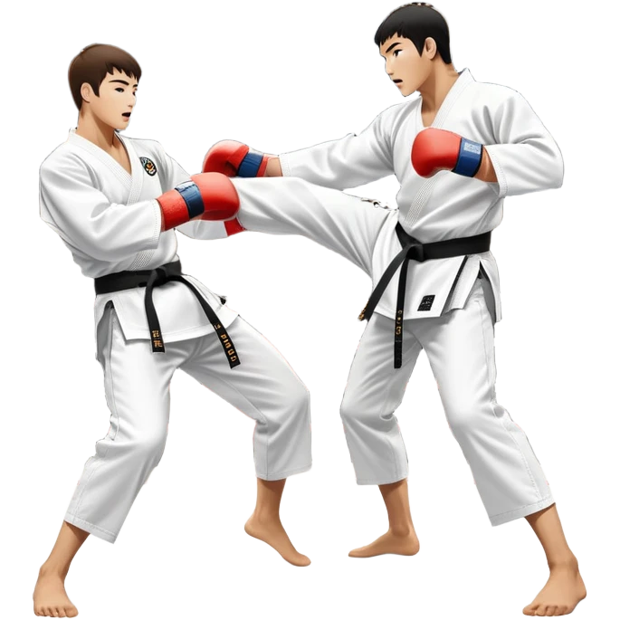 Two taekwondo fighters in traditional white doboks with black belts. One delivers a powerful kick, while the other defends by blocking with his knee. The background shows a professional arena with bright lights and an excited crowd. Transparent background highlights the intense action emoji