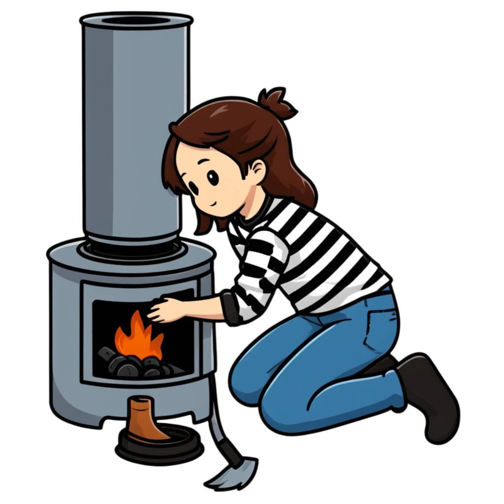 Metal cylindrical coal stove with a girl cleaning it while kneeling, seen from behind, wearing jeans and a striped shirt emoji