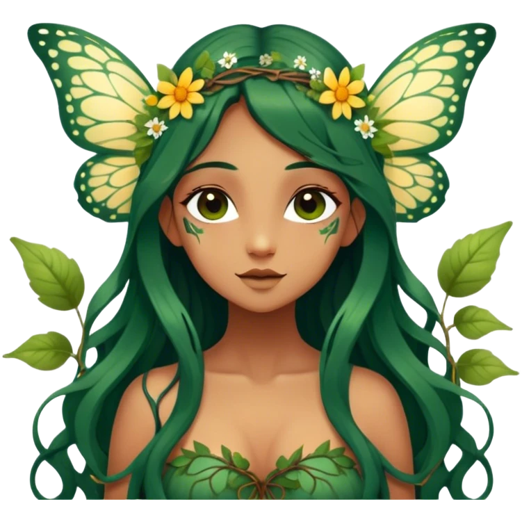 Cinematic Realistic Forest Nymph Fairy portrait, with butterfly wings and depicted with lifelike, sun-kissed tanned skin that radiates an earthy glow, softly illuminated by natural, dappled light. Her long, flowing dark green hair is intricately detailed and interwoven with delicate vines and wildflowers, while her deep, soulful eyes mirror the wisdom of the forest. Dressed in an attire inspired by nature’s palette—with subtle botanical motifs—the portrait exudes a soft, enchanted glow that melds realism with woodland magic. emoji