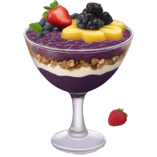 Açaí in a clear cup with layers of fruits and granola and condensed milk emoji