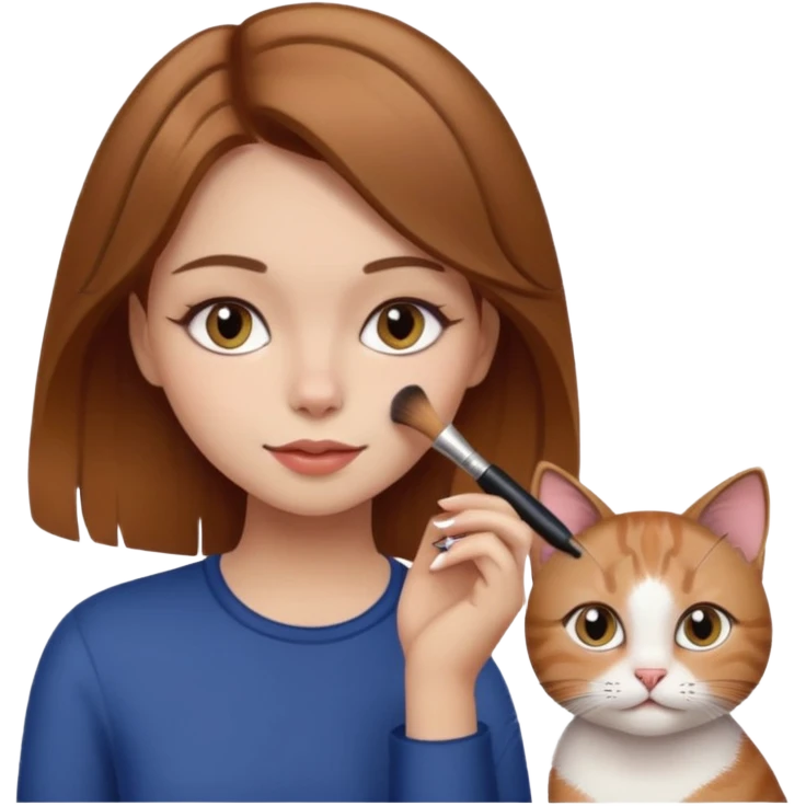 A image of a girl with light brown hair doing her makeup with her cat emoji