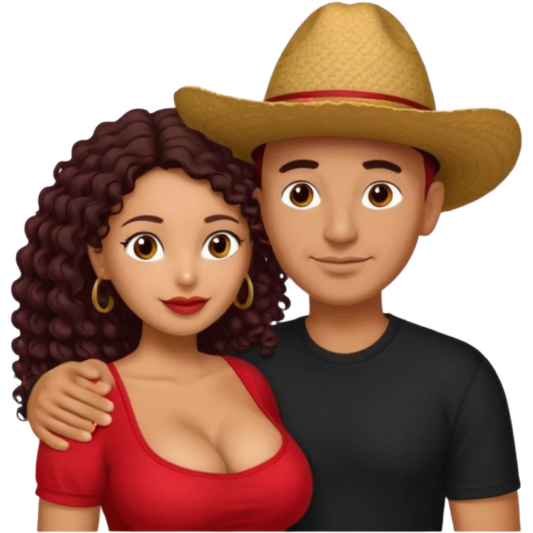 A picture of an embracing tanned couple. the man is a Mexican man with tanned skin, with a bald hair cut wearing a red hat and wearing a black shirt. the woman is mixed, with glasses,  with long curly dark brown hair and with big boobs. Remove the glasses from the guy emoji