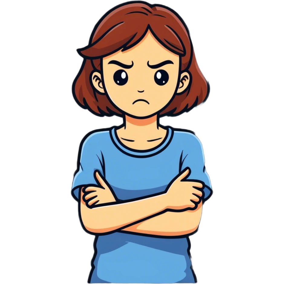 Girl with arms crossed holding her neck with a nervous angry look emoji
