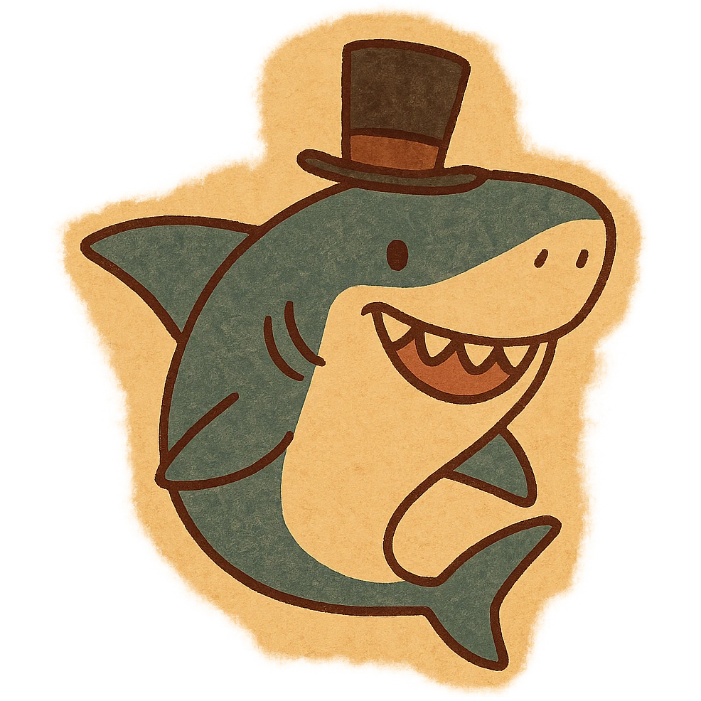 a playful shark with a fancy top hat, cartoon style, fun, expressive, colorful, bold lines emoji