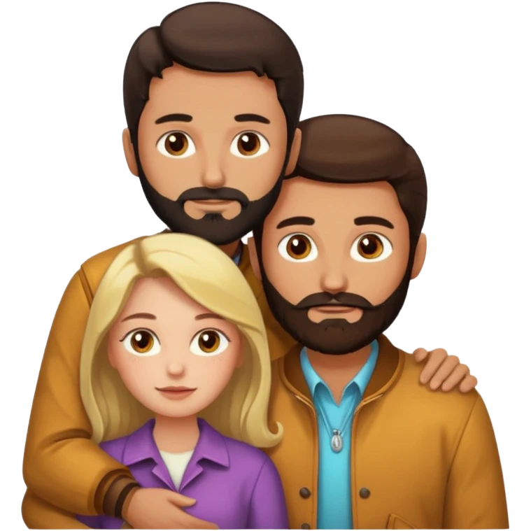 Couple. Bald man with dark brown-black beard. White woman with many small, faded freckles, she has white skin and she has auburn-yellow-brown-cinnamon, dark long hair. She has light brown eyes. The man have hazel eyes. Retro style. They hug. emoji