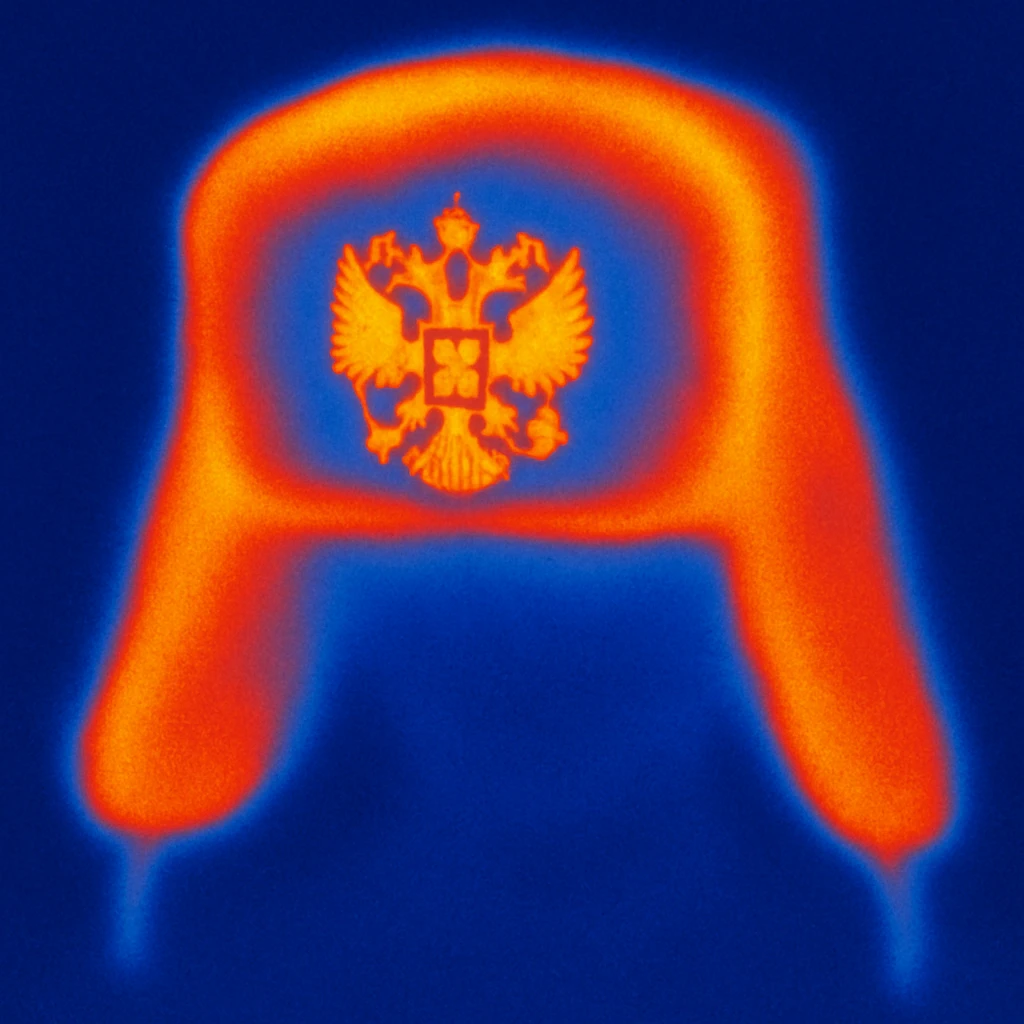 Russian hat ushank with the coat of arms of Russia, with background, thermal camera style emoji