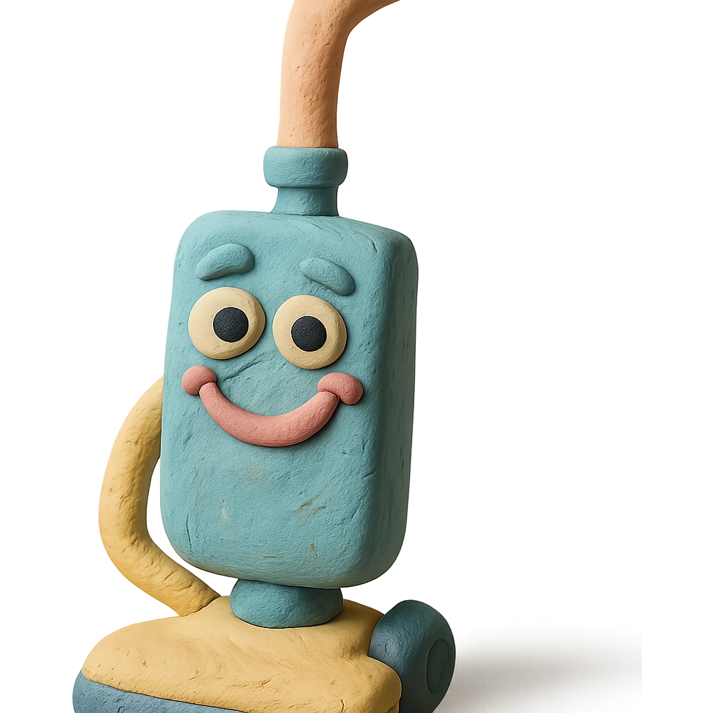 close-up of a playful upright vacuum with an expressive face in claymation style, pastel colors, detailed clay texture emoji