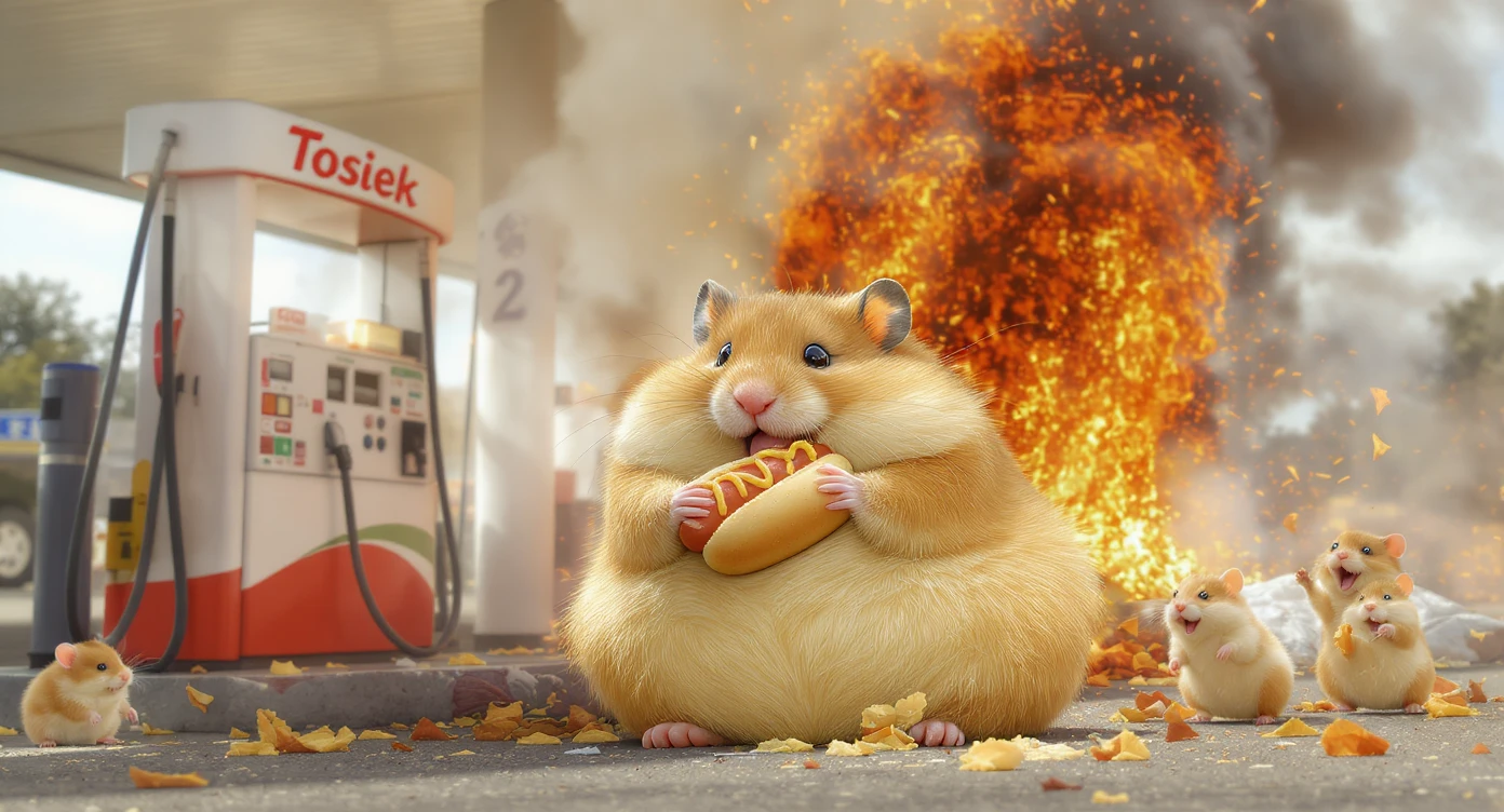 A portrait of a fat hamster eating hotdog on gas station, gas station is in fire, other hamster fun away, sunny day, back light explosion , gas station named "Tosiek" emoji