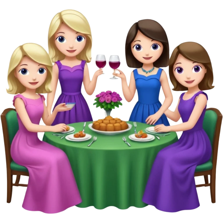 people sitting at a table at a fancy dinner emoji 4 girls one in a blue dress one is a green dress one in a purple dress and one in a pink dress no wine emoji