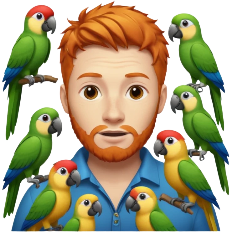 Ginger man with parrots and other birds around him ￼ emoji