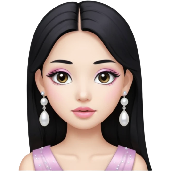 asian long black hair silver grey eyes glossy lips glittery white and light pink eyeshadow girl pearl earrings emoji