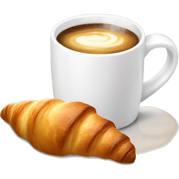 a white mug with steaming coffee and a fresh croissant next to it emoji