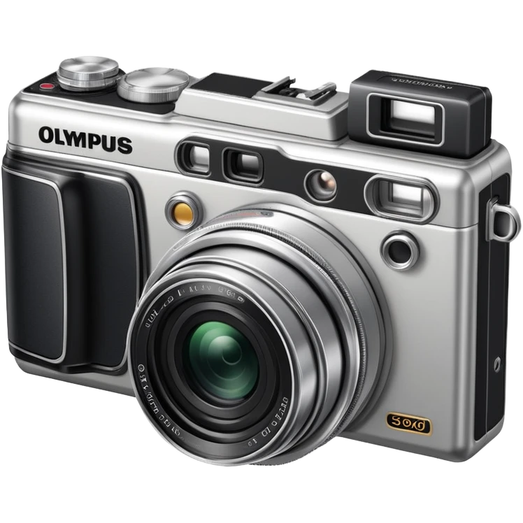 Olympus Superzoom 70G camera, vintage compact point and shoot camera with extendable lens, rectangular body, viewfinder, and flash emoji