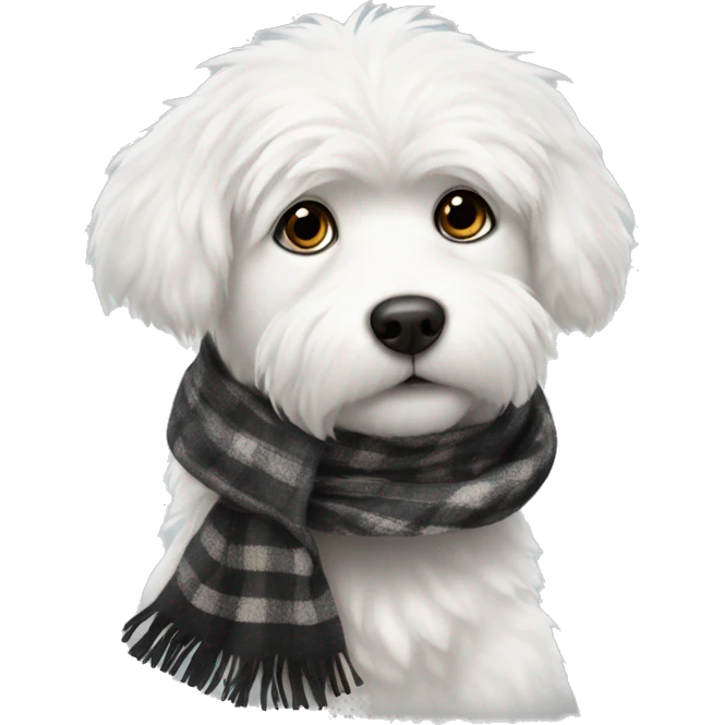 white fluffy dog with black spot on eye and a scarf  emoji