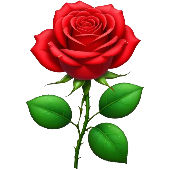 Cinematic Realistic Rose Emoji, Elegant and full of grace, with velvety, deep red petals unfurling in a perfect bloom, dew drops glistening on the soft edges, and a faint fragrance hanging in the air. The lush green leaves surround the stem, creating a vibrant contrast to the rich color of the petals. Soft glowing outline, capturing the essence of timeless beauty and romance in a single bloom. emoji