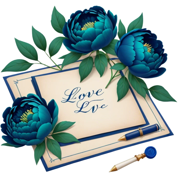 A charming arrangement of deep green peonies placed beside an old blue love letter with an intricate navy blue wax seal. emoji