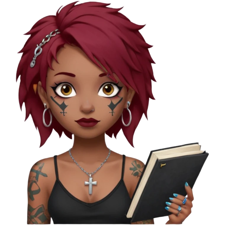 generate an ios genmoji of a girl with dark red messy hair with eyeliner on her eyes.  septum piercing, wearing a cami black top, has tattoos, on shoulders. ear piercings. wearing a cross silver necklace. Holding an overfilled sketchbook. dusky skin color. Holding redbull in the other hand emoji