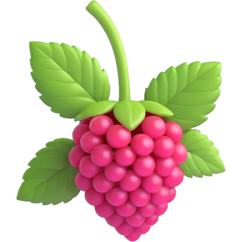 3D iOS style raspberry with green leaves, cute and playful design, slightly different angle emoji