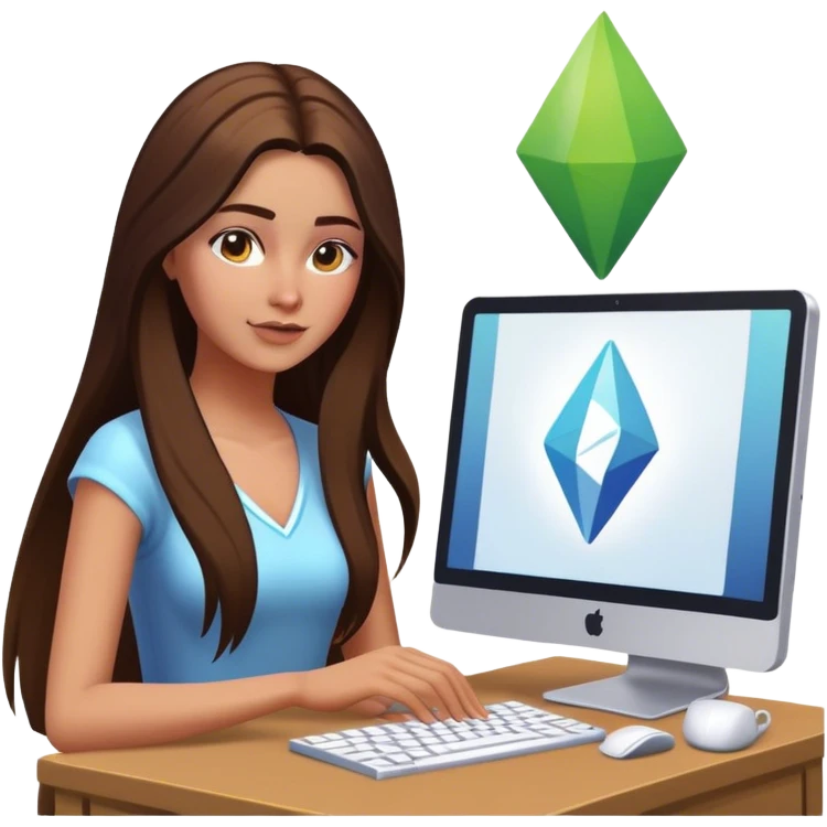beautiful pale brunette girl with long hair playing the sims4 on computer  emoji