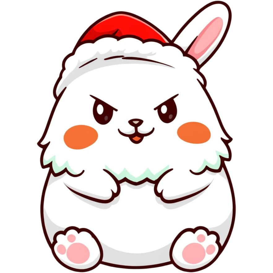 fluffy white angora rabbit wearing red and green Christmas hat being held emoji