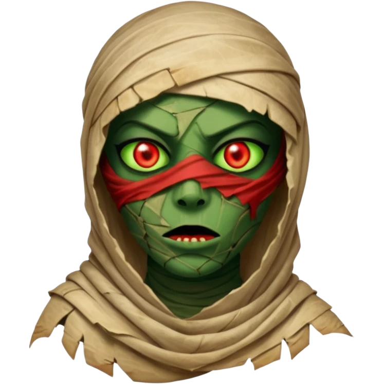 Mummy Cursed: Torn wrappings, glowing red eyes, green mist around.
 emoji