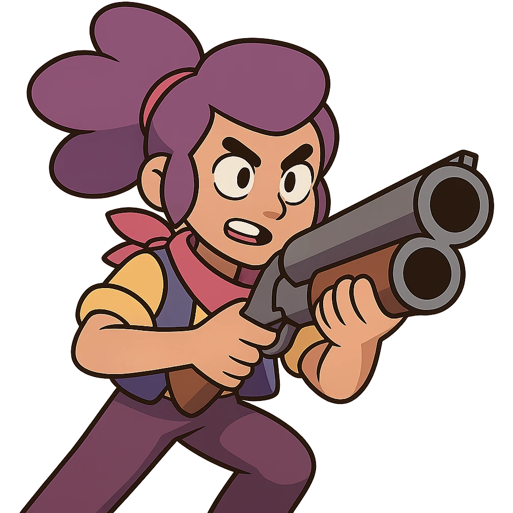 Shelly from Brawl Stars, holding her shotgun, dynamic action, bold outlines emoji