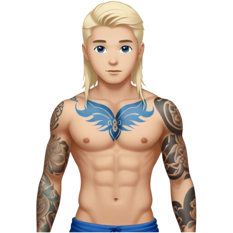 Handsome shirtless blonde hair and blue eyes white guy with body tattoos; beautiful Asian woman with long black hair and body tattoos sexy pose sfw emoji