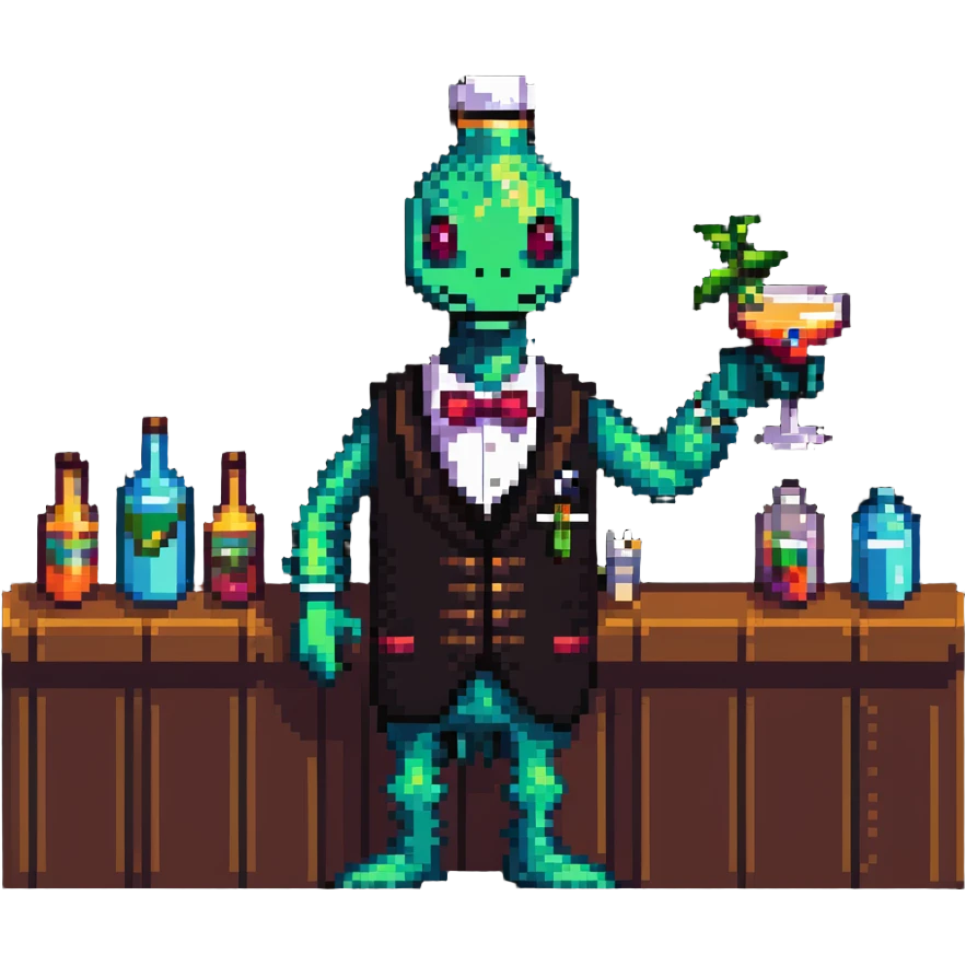 Tipsy bartender mimic creature serving drinks emoji